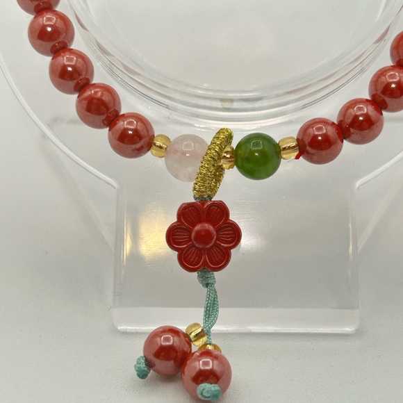 SOLD. High Quality Red Cinnabar with Flower Bracelet - Picture 2 of 3